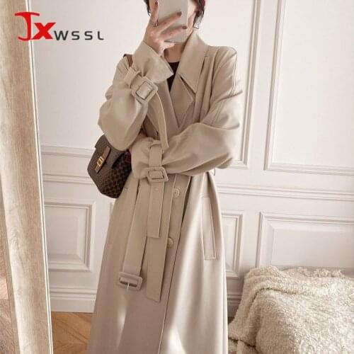 England Style New Trench Coat With Belt 2021 Autumn Casual Double Breasted Simple Classic Long Chic Female Windbreaker Outerwear