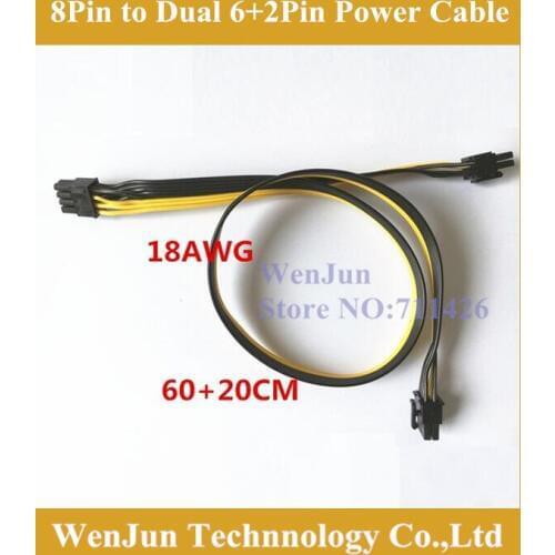 High quality 8pin male to dual PCI-E PCI Express 8p ( 6+2 pin ) Male power cable 18AWG wire for graphics card 60+20cm 50pcs/lot