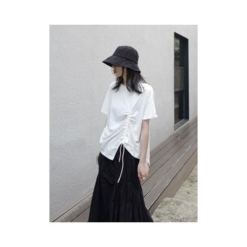 Women Black Drawstring Irregular Split Big Size T-shirt New Round Neck Short Sleeve Fashion Tide Spring Summer 2020 1Y521