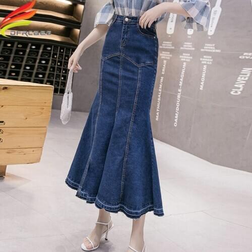 Spring Summer 2020 New Women Denim Mermaid Skirt Package Hip Streetwear Long Ruffles Blue High Waist Long Jean Skirt Women
