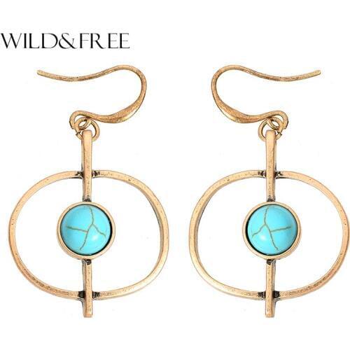 Women Bohemian Blue Stone Dangle Earrings Vintage Antique Gold Alloy Round Shape Statement Earrings Jewelry Boho Style