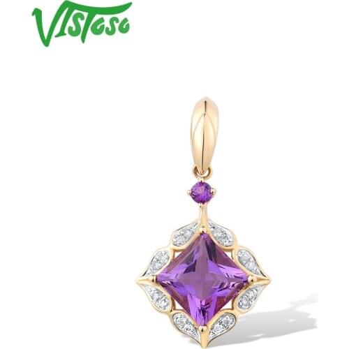 VISTOSO Pure 14K Yellow Gold Pendant For Lady limpid Amethyst Shiny Diamond Elegant Wedding Anniversary Party Gifts Fine Jewelry