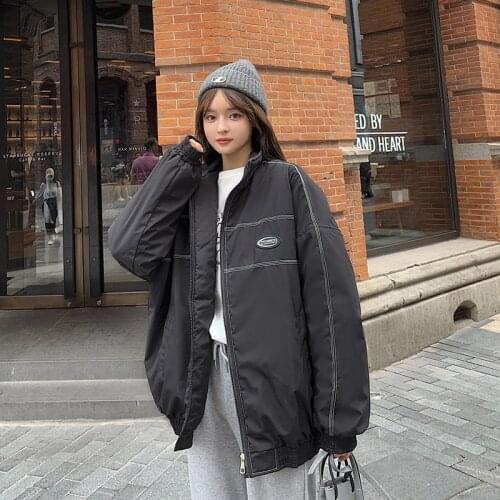 Korean Style Womens Winter Jacket Stand Collar Long Sleeve Ladies Casual Solid Warm Coat Zipper Loose Streetwear Outerwear