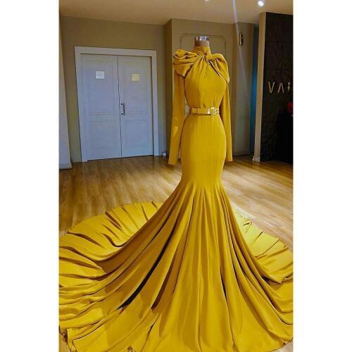 2020 abiye Yellow Evening Dresses robe de soiree longue abendkleider Full Sleeves Mermaid Evening Dress Gold vestido de festa