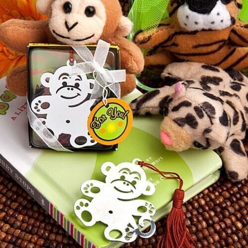 12PCS Baby Birthday Party Gift Jungle Critters Collection Chrome Monkey Bookmark in Gift Box Infant Baptism Christening