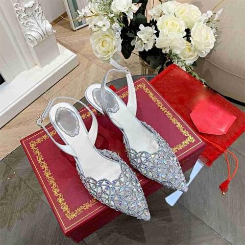 2021 Summer Women High Heels Sandals Slingbacks Pointed Toe Lace Bling Rhinestone Ladies Party Shoes Sweet High Quality