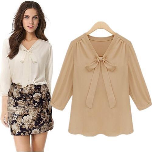 Cheap and Chic Three-quarter Sleeve Bowknot Chiffon Top, Pullover V-neck Chiffon Blouse Top