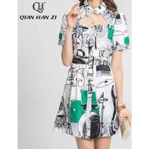 Qian Han Zi designer high-quality summer dress Womens short sleeve chest cutout Pattern printing Slim belt Retro dress