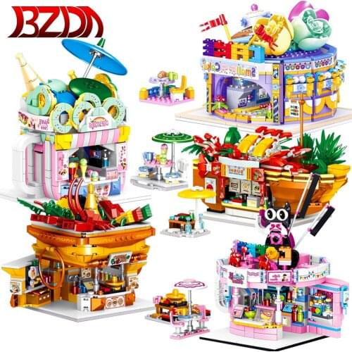 City Street View Friends Mini Coffee Sushi Cake Hot Pot Shop Architecture House Building Blocks Diy Toys For Children Girl Gift