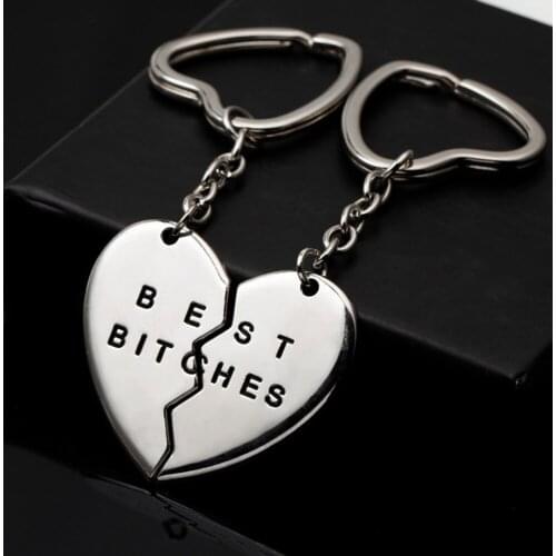 1 Pair Heart Pendant Pieces Broken Two Best Bitches Friendship Forever Women Keychain Jewelry Llavero Silver