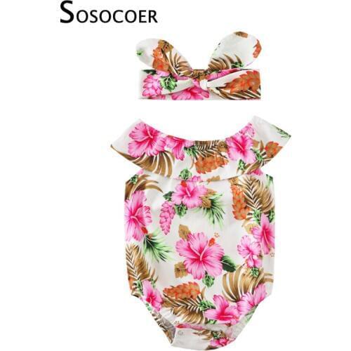 SOSOCOER Summer Baby Girls Romper Newborn Floral Sleeveless Jumpsuit+Headband 2pcs Girl Clothes 2017 Flower Kids Rompers Outfits