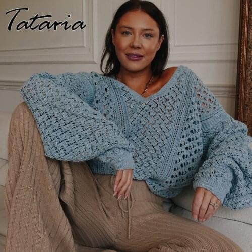 Fashion Women Hollow Perspective Sweaters for Women Fashion 2021 Autumn Loose Knitted Jumper Sexy Slash Neck Oversized Sweater