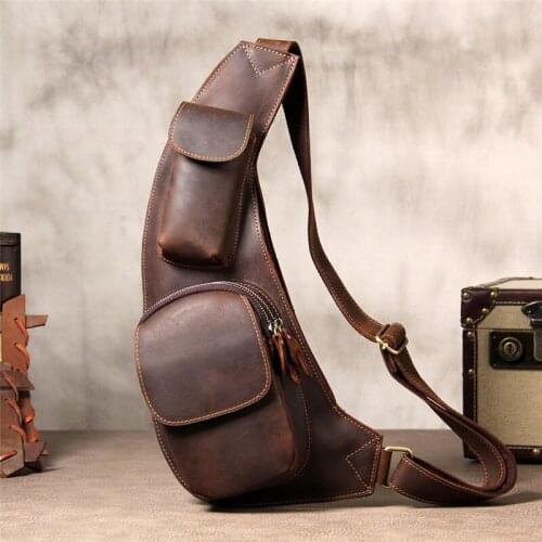 Retro casual crazy horse cowhide mens bag handmade design natural genuine leather chest bag shoulder diagonal croissant bag