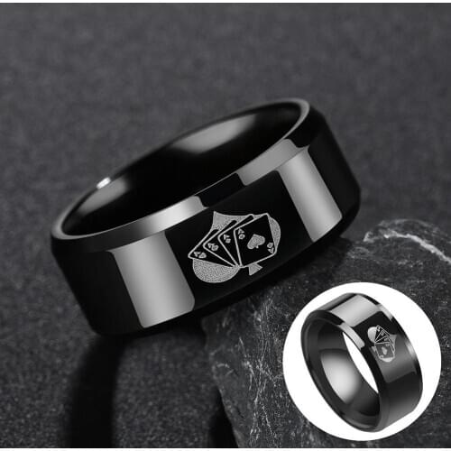 Playing Cards Black Spade A Hearts Print Pattern Mens Jewelry Alloy Band Ring