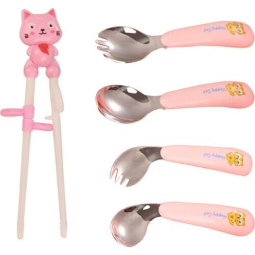 Baby Training Tableware Set Spoon Fork Chopsticks Box Portable Cartoon Stainless Steel ABS Plastic Toddler Dinnerware Cutlery