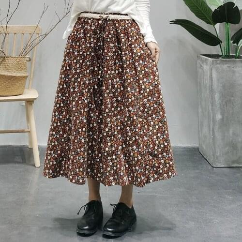 Autumn Winter Girls Printed Floral Skirt Women Casual Loose Clothes 2021 Ladies Elastic Waist Pocket Spliced Lace Skirts Vintage