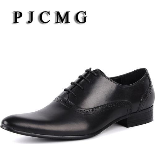 PJCMG New Fashion Comfortable Black/Brown/Red Genuine Leather Lace-Up Pointed Toe Flat Man Casual Classic Formal Dress Shoes
