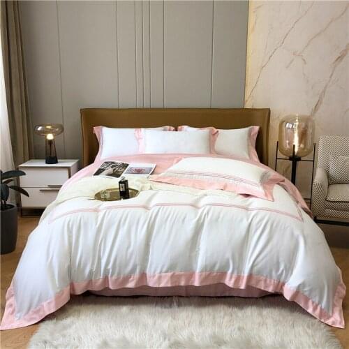 Luxury Pink White Egyptian Cotton Bedding Set Satin Duvet Cover Set Bed Linen Pillowcases Home Textile King Queen Size 4PCS