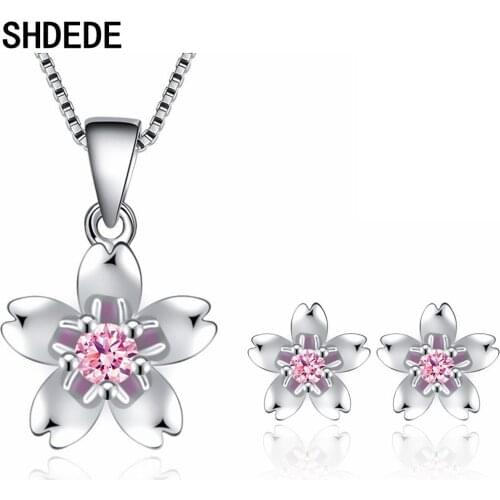 SHDEDE Flower Earrings Necklace Pendants Jewelry Sets CZ Crystals Cubic Zirconia Women Party Fashion Anniversary Gift