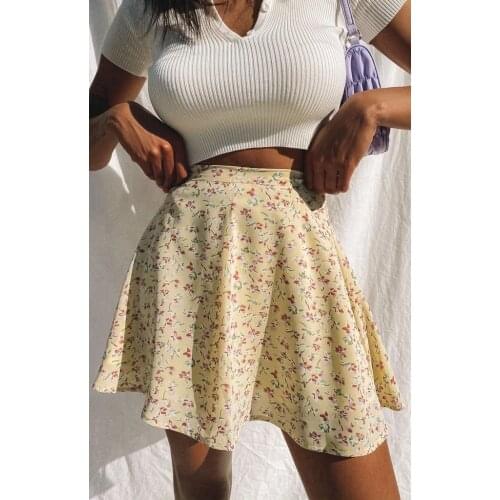 Summer Women Floral Print Skirt High Waist Umbrella Mini Sexy Skirt Female Yellow Invisible Zipper Chiffon Girl Skirt With Short