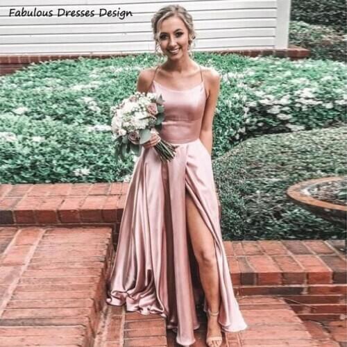 Pearl Pink A Line Satin Bridesmaid Dresses Long Criss Cross Backless With Split Scoop Neck Women For Wedding Party Dress 2021