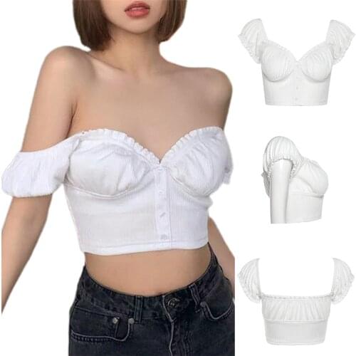 2021 Women Fashion Summer Short Sleeve Solid Color Tube Top Crop Tops Stylish Off Shoulder Button Rib Knit T Shirt