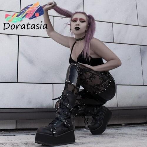 DORATASIA Big Size 43 Women boots Black Lace Up Buckle Round Toe Wedges Platform Boots Punk Goth INS Women Street Shoes