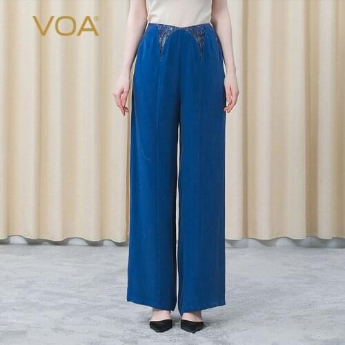 VOA 30m/m Silk Trousers Natural Waist Bump Splicing Pocket Denim Blue Simple Casual Fashion Straight Pants for Women KE365