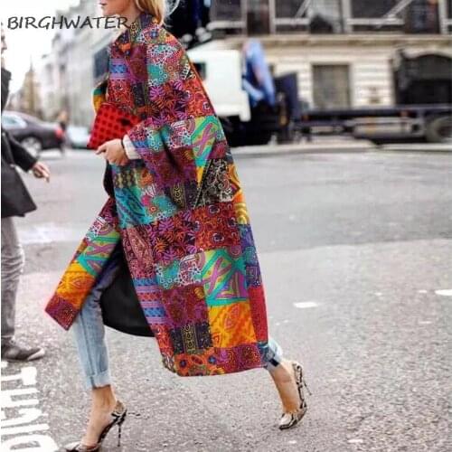 Womens Trench Jacket 2020 Autumn Single-Breasted Long-Sleeve Coat Winter Clothes Personality Printed Windbreaker Coat Oversized