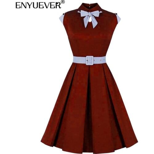 Enyuever Burgundy Office Dress Summer Women Clothing Cotton Striped Bowknot Patchwork Robe Pin Up Swing Elegant Ladies Dresses