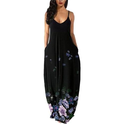 Womens Dress Retro Sundress Sexy Spaghetti Straps Sleeveless Pockets Flower Printed Maxi Long Dress Casual Beach Party Dresses