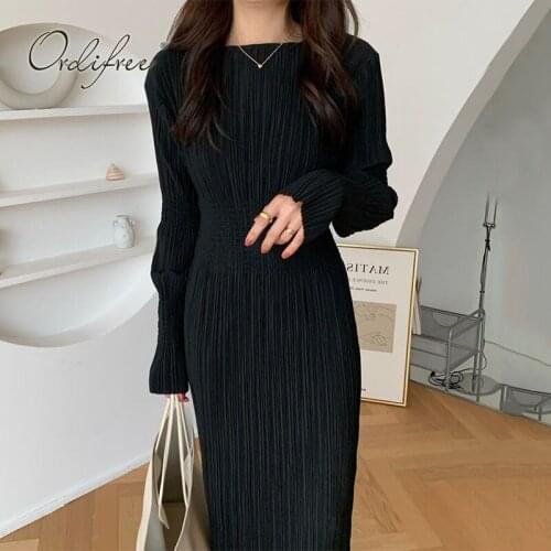 Ordifree 2021 Autumn Women Black Pleated Dress Long Sleeve Vintage Sexy Bodycon Female T-shirt Dress