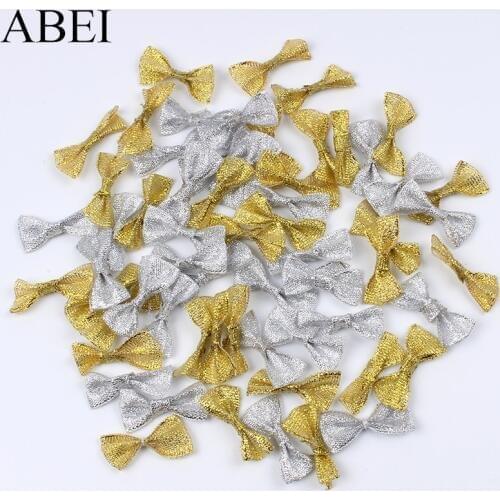 100pcs/lot Gold Silver Bows Handmade mini Bow Ties For Wedding Candy Box Party Gift Bag Scrapbook Decoration Garments Accessorie