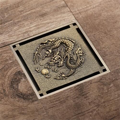 10x10cm Antique Bronze Dragon Pattern Carved Art Drain Bathroom Waste Grates Invisible Sliver Shower Drainer Floor Drain