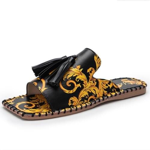 2021 Womens Sandals Fashion Tassels Summer Shoes Brand Beach Slides Retro Print Shoes For Women Flat Slipper Outdoor Sandals