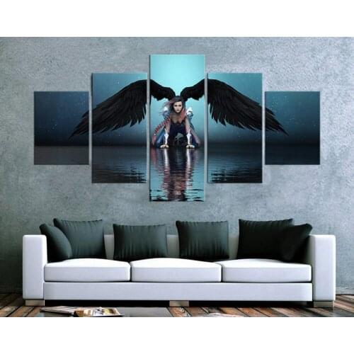 5pcs Black Wing the Angel Picture Artwork Cavnas Paintings HD Wall Pictuer for Living Room Decor