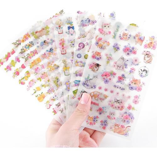 6 sheets DIY Kawaii PVC Flower Stickers Cartoon Cat Stationery Stickers Scrapbooking For Decoration Photo Album Diary