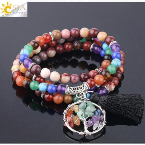 CSJA 6mm Natural Egg Yolk Stone Mala Beads Bracelet Necklace for Women Men Elastic Rope Bangles Yoga Chakra Fashion Jewelry F727