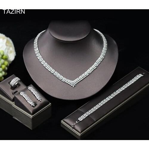 Full CZ Wedding Jewelry Set Dress Accessories Necklace Dangle Earrings Bracelet Ring 5A Cubic Zirconia Birthday Gifts