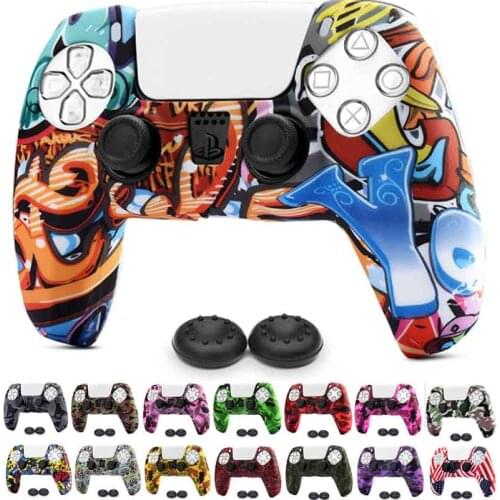Water Printing Rubber Silicone Cover Skin Case for Sony PS5 Dualsense Controller with PRO Thumb Grips x2