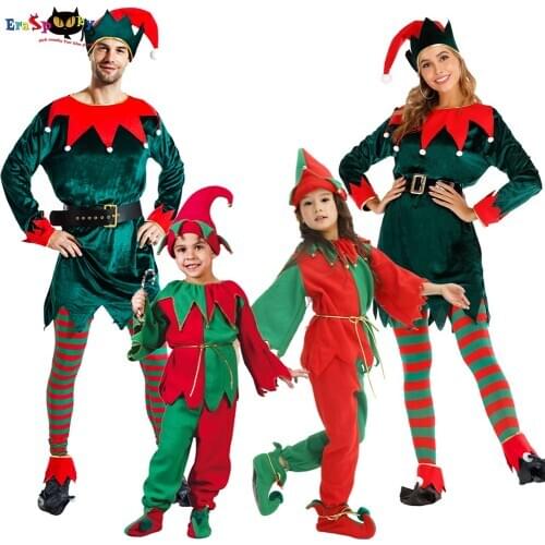 Eraspooky Deluxe Christmas Elf Costume For Adult Kids Santa Claus Cosplay Family Matching Fancy Dress Xmas New Year Party Outfit