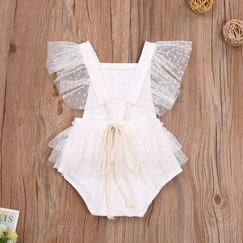 Infant Newborn Baby Girls Lace Mesh Bodysuits Ruffled Solid White Soft Princess Jumpsuits Summer Pretty Outfits