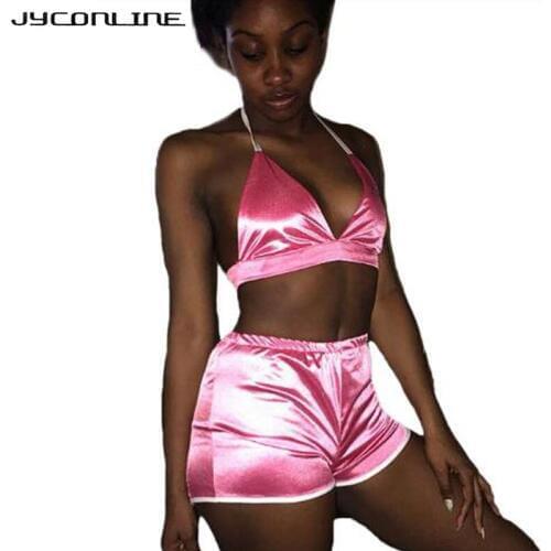 JYConline Two Pieces Jumpsuit Women Sleeveless Rompers Deep V Neck Halter Bodysuit Casual Playsuit Night Club Overalls For Women