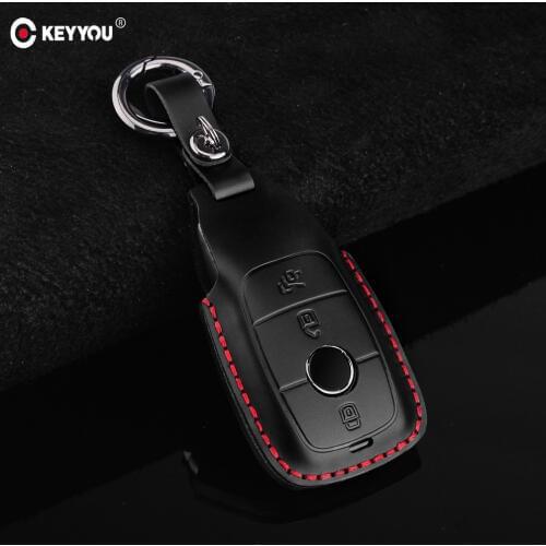KEYYOU 3 Buttons Leather Car Key Case For Mercedes Benz AMG 2017 E Class W213 Key Chain Ring Cover Bag Car Styling Accessories
