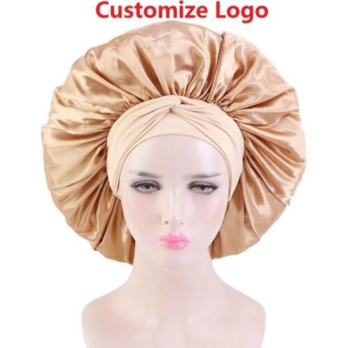 Customize Logo Large Solid Satin Bonnet with Wide Stretch Ties Long Hair Care Cap Women Night Sleep Hat Adjust Silky Head Wrap