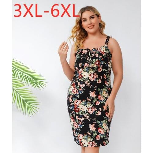 New 2021 Ladies Summer Plus Size Braces Dress For Women Sleeveless Large Slim Backless Floral Print Flower Dress 3XL 4XL 5XL 6XL