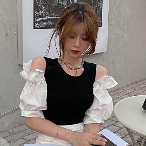 2021 New Puff sleeve Off shoulder Women T-shirts Tops Korean Summer Sexy Female Short Sleeve Women T shirt