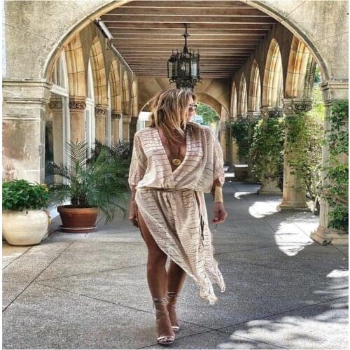New Summer Plus Size Boho Chiffon Bathing Suit Cover-ups Sexy Striped Beach Wear Kimono Dress for Women Swimsuit Cover Up 2021