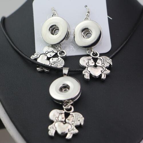 New Romantic Little Boys&Girls Kissing Love Heart Pendant Choker Statement Necklaces Earring Jewelry Sets Fit 18mm Metal Buttons