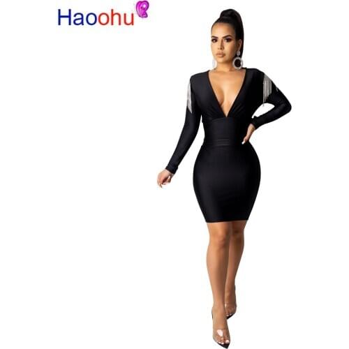 Autumn Winter Women deep v neck long sleeve Midi dress Bandage solid tassel Sexy Casual night club above knee Fall dresses